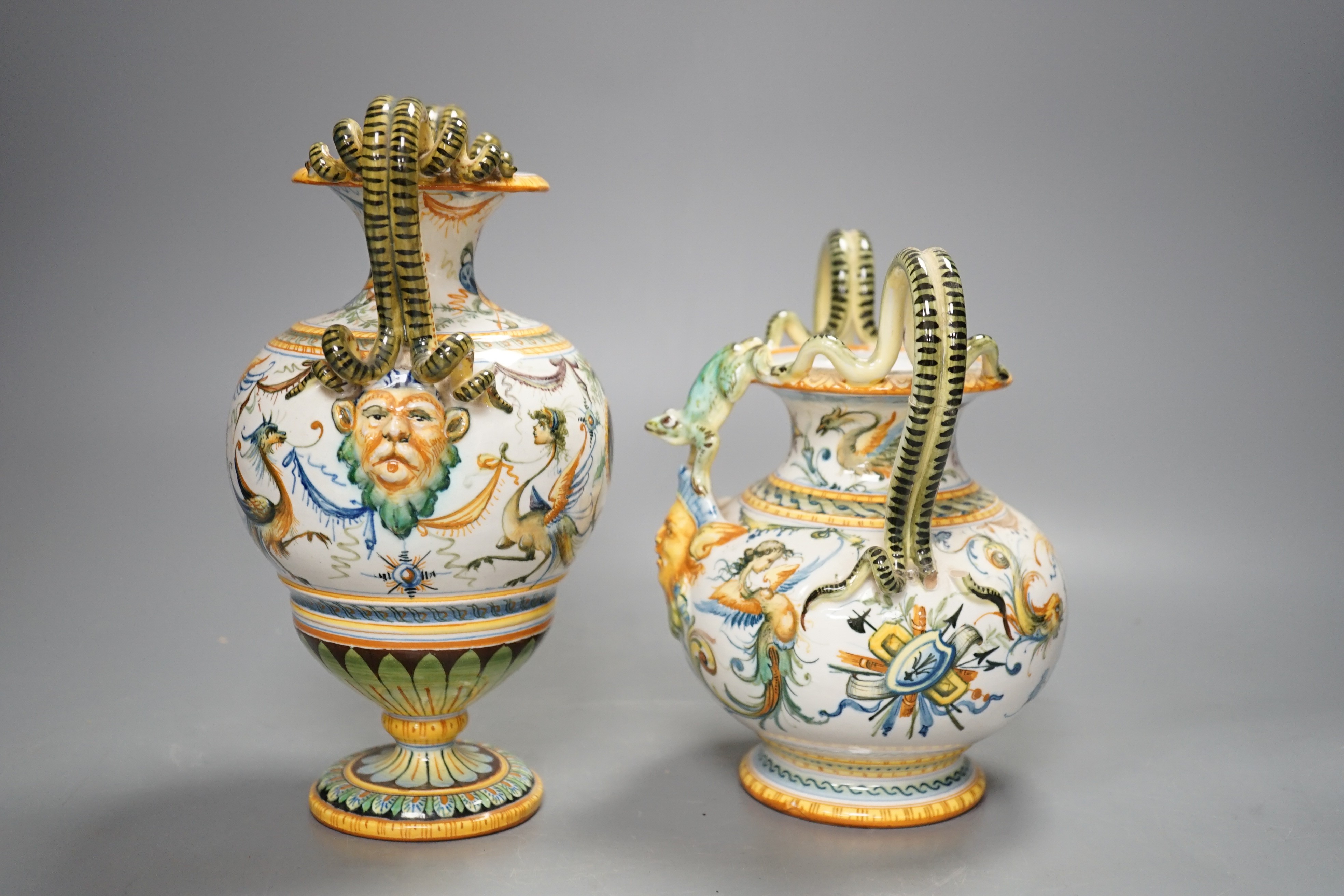 Two early 20th century Cantagalli maiolica two handled vases, tallest 23cm